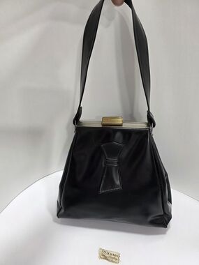 Vintage Black Patent Frame Shoulder Bag with Bow Accent By Stylemark